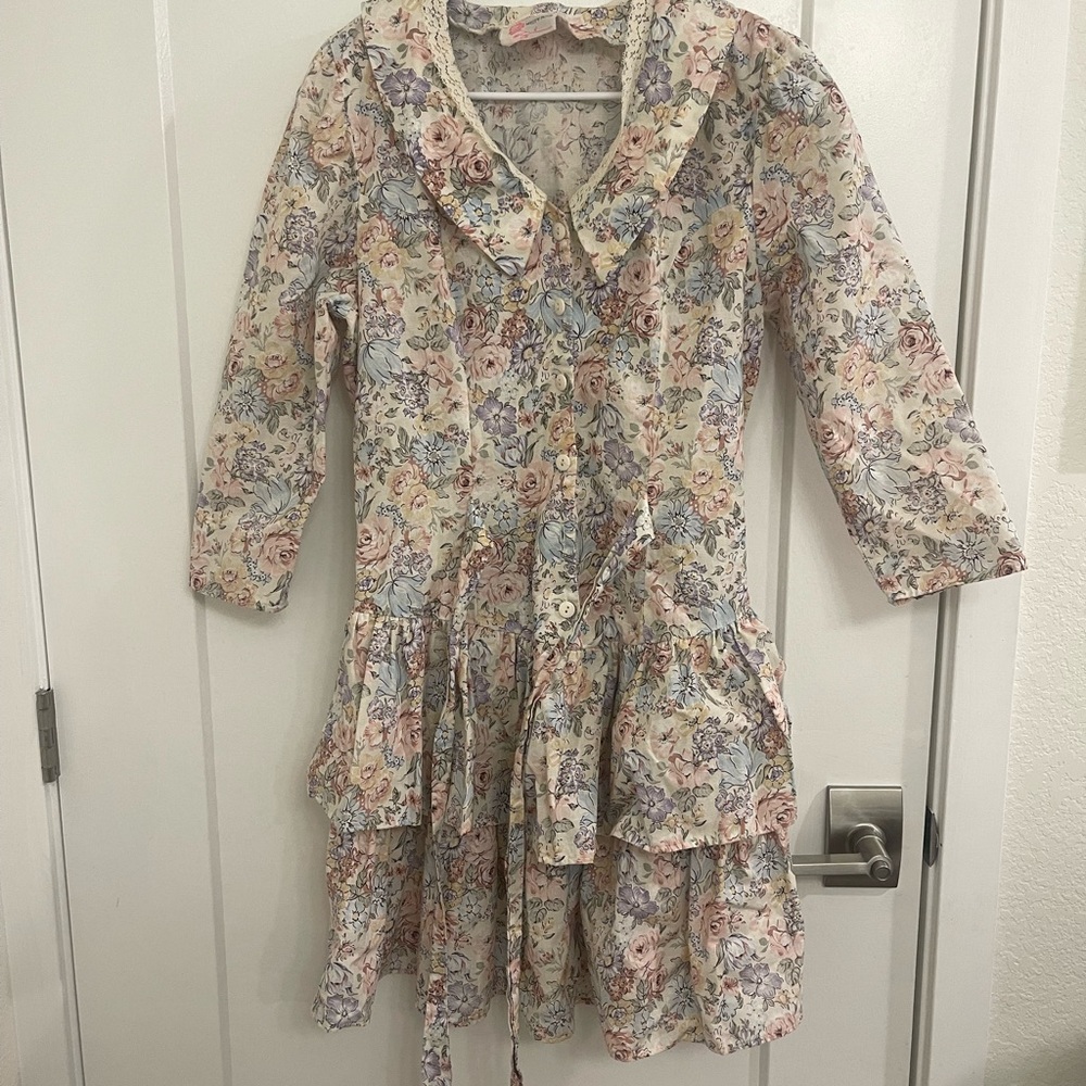 Vintage 80s Cottagecore GrandmaCore Easter Spring Floral Lace Collar Midi Dress